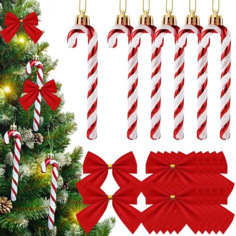DOLASO  6 Pièces Rouge et Blanc Rayures Sucre d'orge Bonbon Decoration Sapin Noel et 12 Pièces Noeud Rouge Décorations Noel, Canne de Bonbons Plastique de Noël Suspendre Deco Noel Interieur Maison