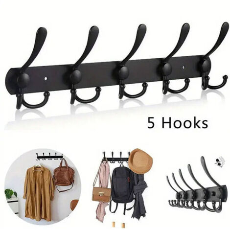 DOLASO Lange Wandgarderobe, 5 Haken zum Aufhängen von Mänteln, Wandgarderobenhaken, Wandgarderobe, Haken für Kleidung, Jacke, Hüte, Schwarz