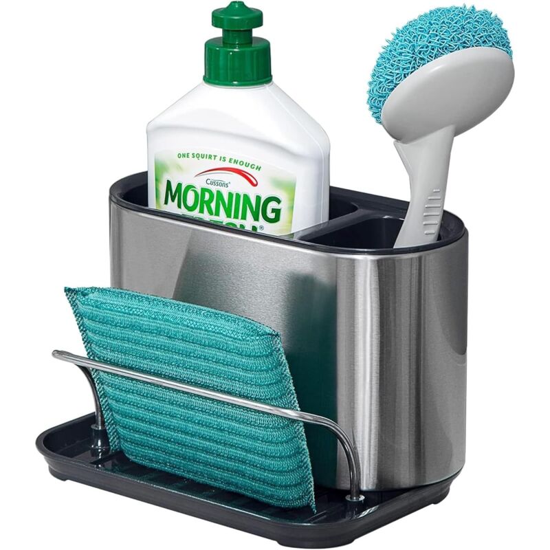 Rangement évier, Porte Eponge Evier Cuisine en Acier Inoxydable, Support pour Éponge avec bac de récupération, Porte-ustensiles de Cuisine