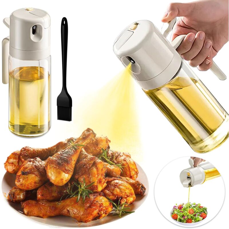 Spray Huile Cuisine Air Fryer 550ml, Pulverisateur Huile Cuisine Verre 2 in 1, Vaporisateur Huile Cuisine avec une Pinceau Cuisine, Spray Huile