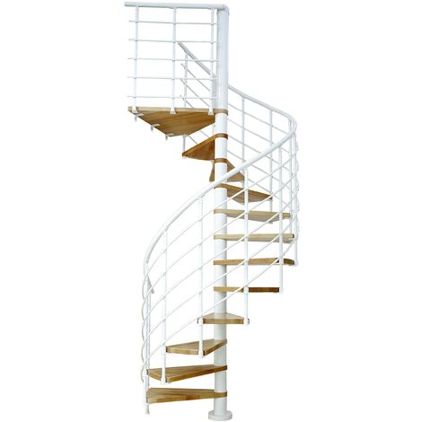 Dolle Spindeltreppe Oslo Ø120cm mit 294-322cm Geschosshöhe 13 Stufen Buche lackiert Geländer weiß, mitlaufende Kunststoffstäbe