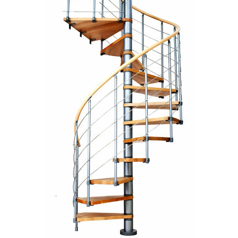 Dolle Spindeltreppe Oslo Ø160cm mit 252-276cm Geschosshöhe 11 Stufen Buche lackiert Geländer grau, mitlaufende Edelstahlstäbe
