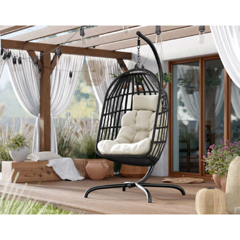 Dolores - polyrattan hängesessel - schwarz mit beige kissen - schwarz / beige