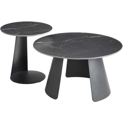 DOMIA - Tables Gigogne Plateaux Céramique Marbré Noir Pieds Métal Noir Mat
