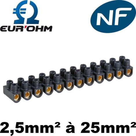 EUR OHM Domino électrique - Barrette laiton noire 12 plots à vis 2,5 mm² - 24A