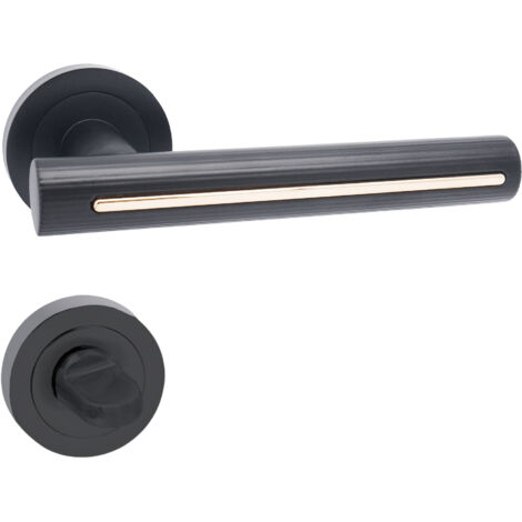 domino Türgriff Drückergarnitur WC - Badezimmer Set Rund-Rosette Türbeschlag für Badezimmertüren Set WC - Rosetten-Garnitur Aluminium Schwarz/Gold Türdrückergarnitur PILAR-R Black/Gold