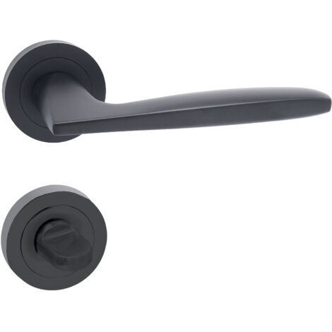 domino Türgriff Drückergarnitur WC - Badezimmer Set Rund-Rosette Türbeschlag für Badezimmertüren Set WC - Rosetten-Garnitur Aluminium Schwarz Türdrückergarnitur MIA-R BLACK