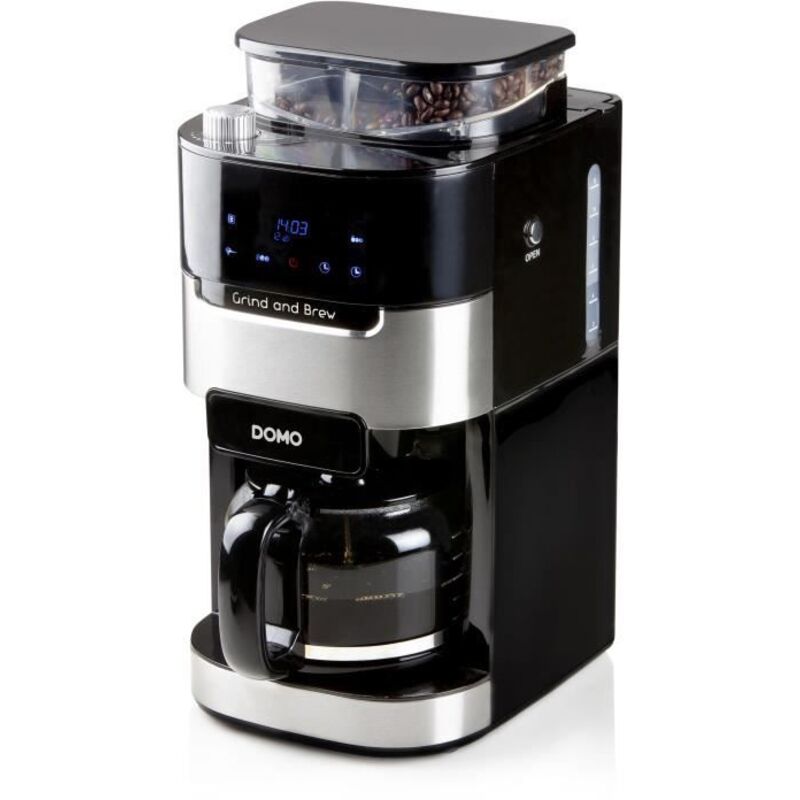 DO721K - Cafetiere 1,5L - 12 tasses - Ecran lcd, touches tactiles - Moulin a cafe integre - Minuteur - 3 intensites - Domo