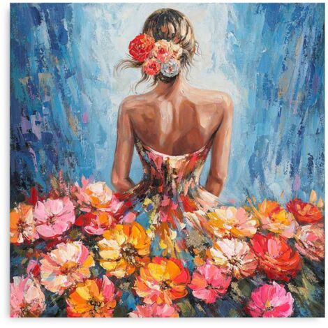 Domo Mea Dipinto su Tela - Ragazza col Vestito di Fiori - 50 x 50 cm
