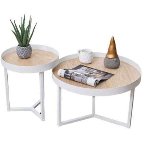 Domo Mea Set di 2 Tavolini Caffè Bianchi e Rovere - 60 e 40 cm