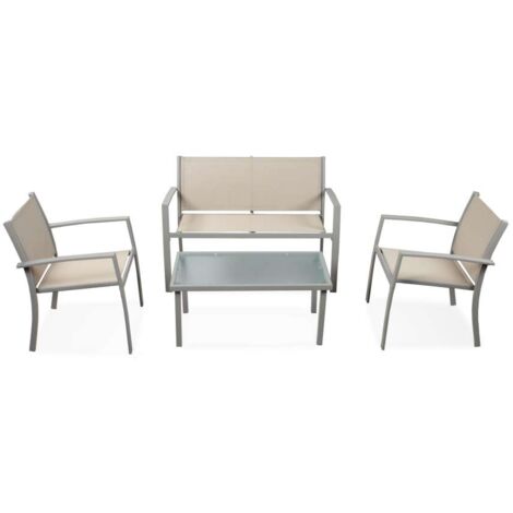 Domo Mea Set Patio in Acciaio e Texilene Taupe - Divano, Sedie e Tavolino