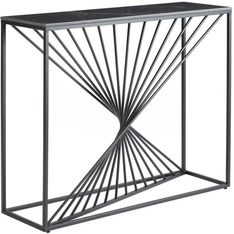 DOMUS - Console Plateau Céramique Marbré Noir Pieds Métal Noir