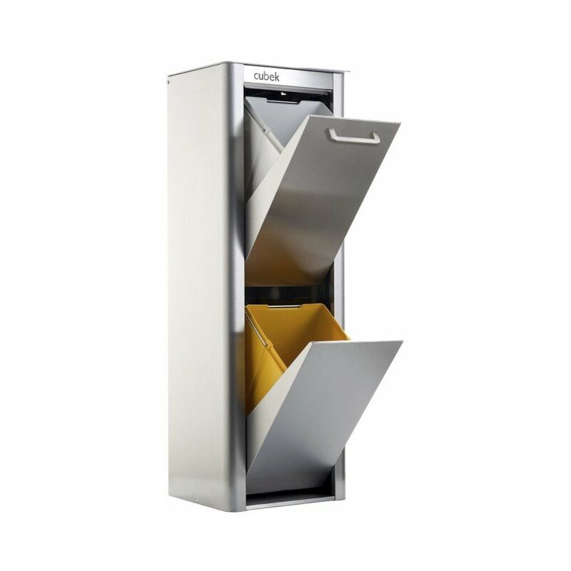 

DON HIERRO, Cubo de basura y reciclaje CUBEK en Acero Inoxidable. 2 compartimentos de 20 litros.,. Diseño y fabricación española.