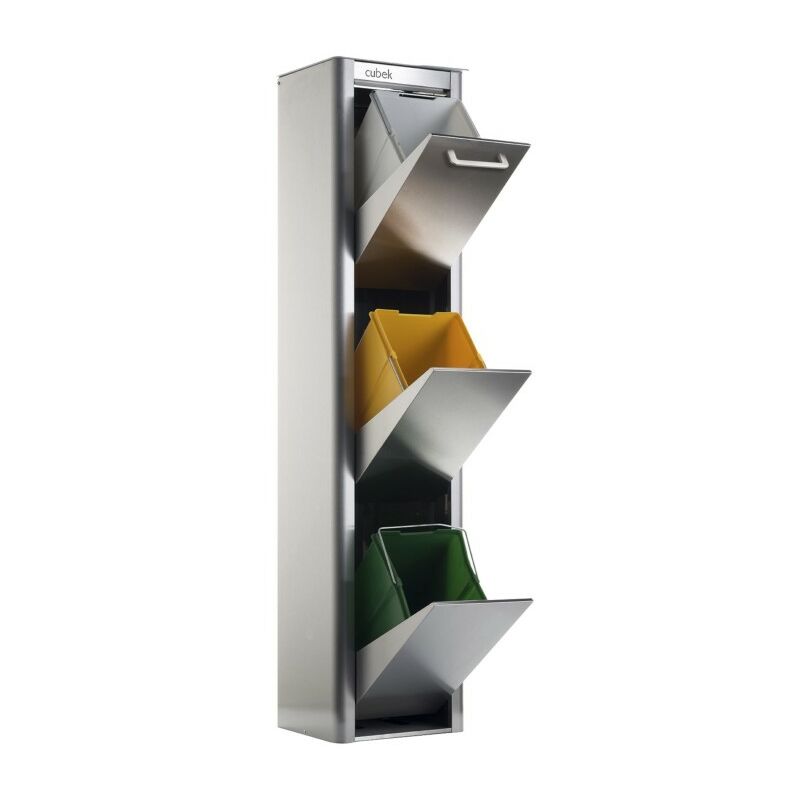 

DON HIERRO, Cubo de basura y reciclaje CUBEK en acero Inoxidable. 3 compartimentos de 20 litros,. Diseño y fabricación española.