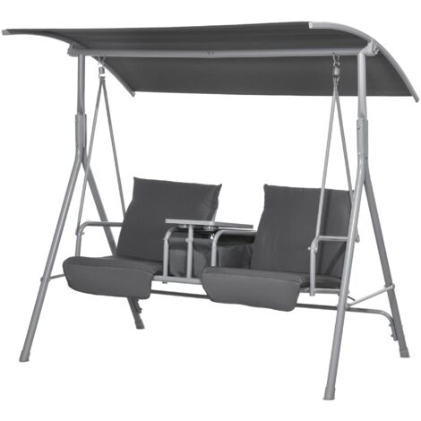 Dondolo 2 Posti con Tavolino e Portabicchieri 175x110x165 cm in Metallo e Poliestere Grigio
