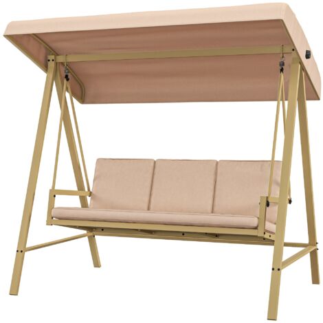 Dondolo 3 Posti con Tettuccio Inclinabile 200x125x175 cm in Acciaio e Textilene Beige e Marrone