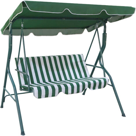 Dondolo Da Giardino 3 Posti Con Tetto Parasole Regolabile Reclinabile Impermeabile Struttura In Acciaio 173x109x157 Cm Bianco Verde Seduta Ammortizzata