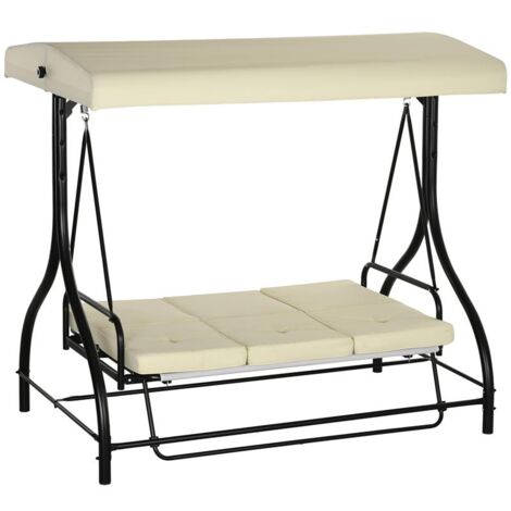 DONDOLO DA GIARDINO 3 POSTI CON TETTUCCIO REGOLABILE. IN METALLO E TESSUTO TESLIN. BEIGE E NERO