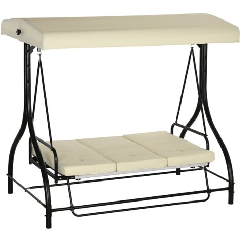 Dondolo da Giardino 3 Posti con Tettuccio Regolabile in Metallo e tessuto Teslin Beige e Nero