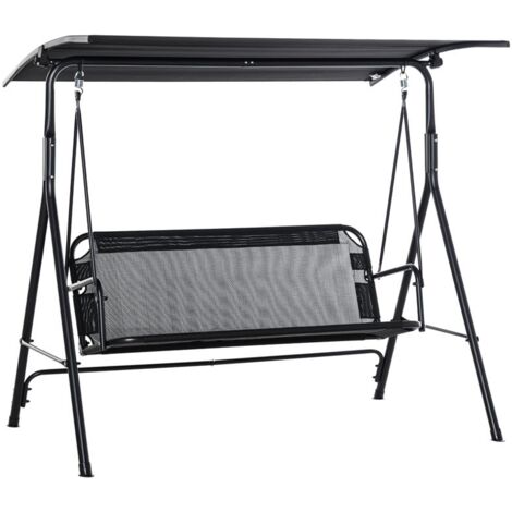 DONDOLO DA GIARDINO TERRAZZA 3 POSTI CON TETTUCCIO PARASOLE REGOLABILE. METALLO E TEXTILENE NERO 172X110X155CM