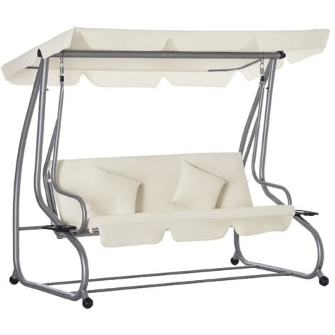 Dondolo de Jardin 3 Places avec Toit Ajustable et 2 Porte-gobelets, 200x120x164 cm, Crème