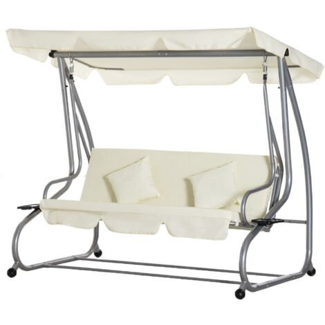 Dondolo Letto da Giardino 3 Posti 200x120x164 cm con Tetto Regolabile e 2 Portabicchieri Crema