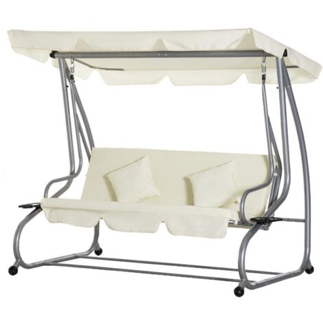 DONDOLO LETTO DA GIARDINO 3 POSTI CON TETTO REGOLABILE E 2 PORTABICCHIERI. 200X120X164 CM. CREMA