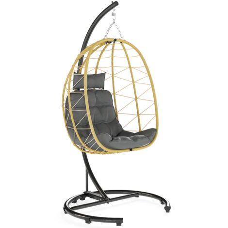 Dondolo Pensile da Giardino Pieghevole con Cuscini 102x102x195 cm in Acciaio e Rattan PE Nera Grigia e Beige