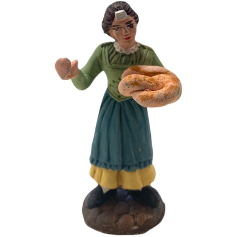 Donna con pane statuetta in terracotta artigianale per presepe napoletano da h 7 cm