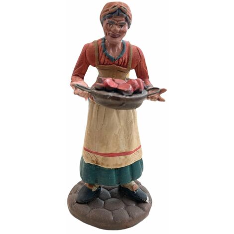 Donna con vassoio di carne statuetta in terracotta artigianale per presepe napoletano da h 13 cm