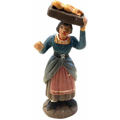 Donna con vassoio in testa statuetta in terracotta artigianale per presepe napoletano da h 10 cm
