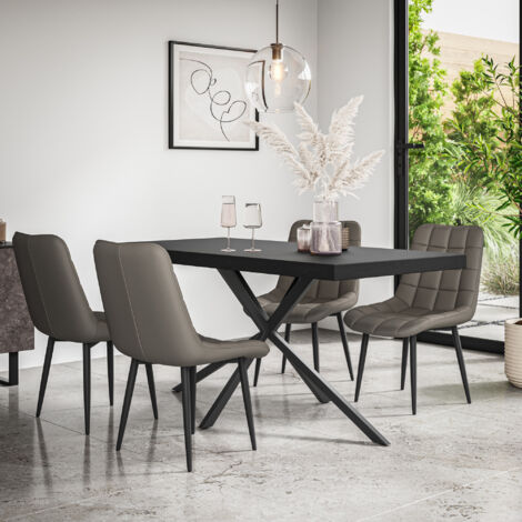Donni Dining Table And Chairs -  Black Table Top w Black Legs + Nova Faux Leather Dining Chair Set Of 4 (Grey)