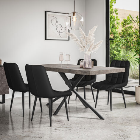 Donni Dining Table And Chairs -  Grey Table Top w Black Legs + Nova Faux Leather Dining Chair Set Of 6 (Black)