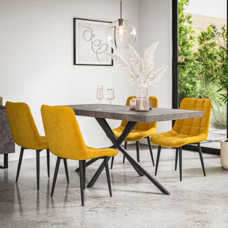 Donni Dining Table And Chairs -  Grey Table Top w Black Legs + Nova Velvet Dining Chair Set Of 4 (Mustard)