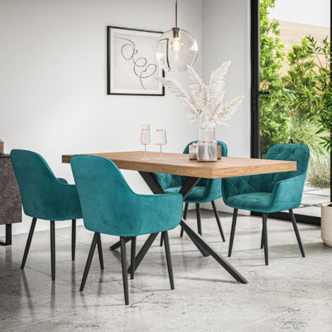 Donni Dining Table And Chairs -  Oak Effect Table Top w Black Legs + Anika Velvet Dining Chair Set Of 6 (Blue)