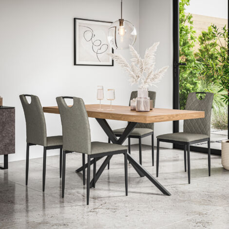 Donni Dining Table And Chairs - Oak Effect Table Top w Black Legs + Monza Linen Dining Chair Set Of 4 (Grey)