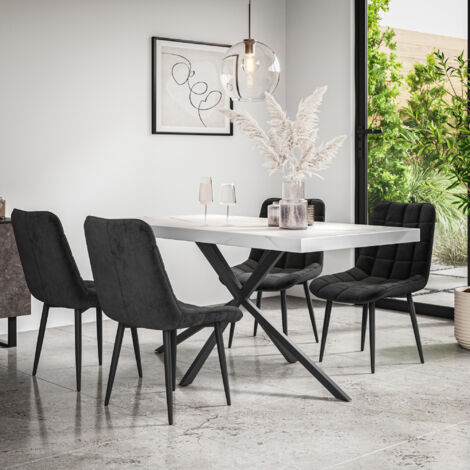 Donni Dining Table And Chairs -  White Marble Effect Table Top w Black Legs + Nova Velvet Dining Chair Set Of 6 (Black)