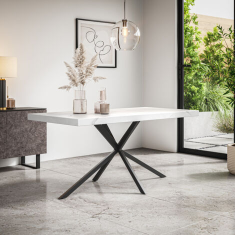 Donni Dining Table Modern White Marble Effect Table Top w Black Legs