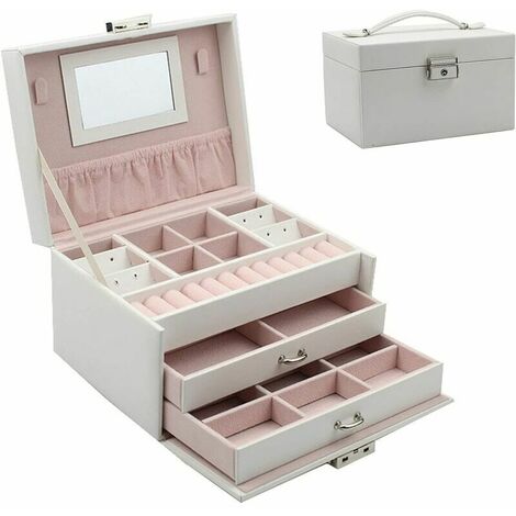 Dontodent Boîte à Bijoux Femme 3 Niveaux, Coffret à Bijoux en cuir PU Verrouillable, Organisateur à Bijoux avec 2 tiroirs et Miroir. Bijoux Rangement pour Bagues Boucles D'oreilles Colliers,Blanc
