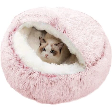 Donut Shape Calming Bed, Warm and Soft Plush with Comfortable Non-Slip Sponge Bottom for Small and Medium Pets Sleeping Inside (Pink) Pink