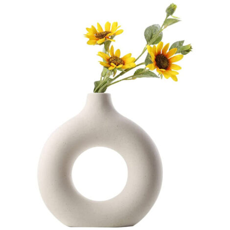 Donut Vase, Runde Vase Mit Loch, Keramik Vase Beige, Moderne Vase, Für Trockenblumenarrangements Und Pampasgras, geeignet für Wohnzimmer, Schlafzimmer, Bürodekoration - M