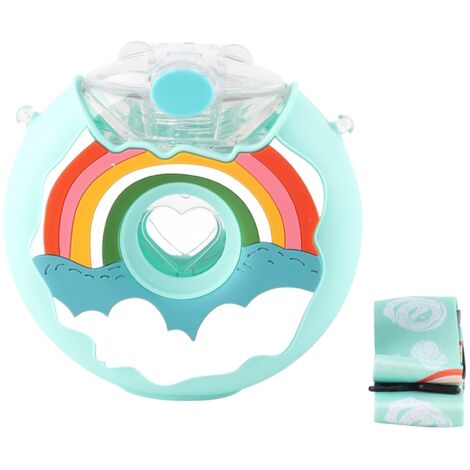 Donut Water Bottle Cute Shape Colorful PC Heat Resistant Portable Toddler Drink Bottle with Strap Blue Rainbow 380ml