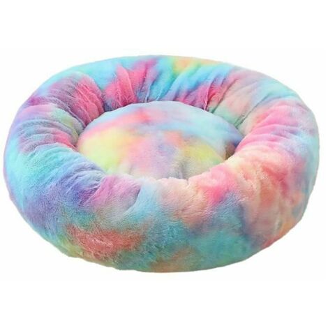 Donuts ronds en peluche lit pour chien doux et chaud panier pour animaux de compagnie nid de chat Sa arc-en-ciel bleu S 50 cm Pour les animaux de compagnie