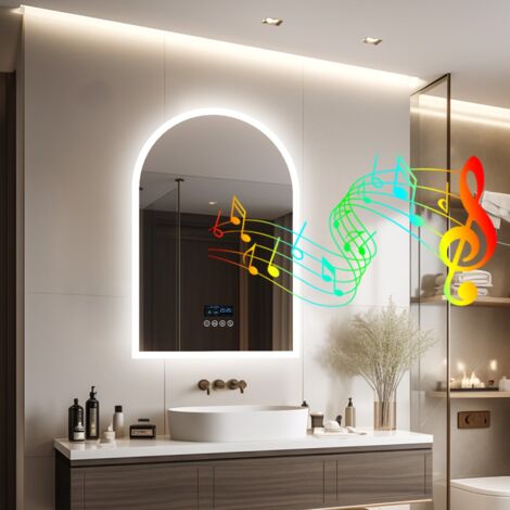 Door Arched Illuminated Led Bathroom Mirror Bluetooth with Demister Pad Backlit Wall Mounted - 600 x 900mm