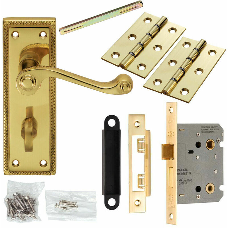 Door Handle & Bathroom Lock Pack Brass Victorian Scroll Thumb Reeded Backplate