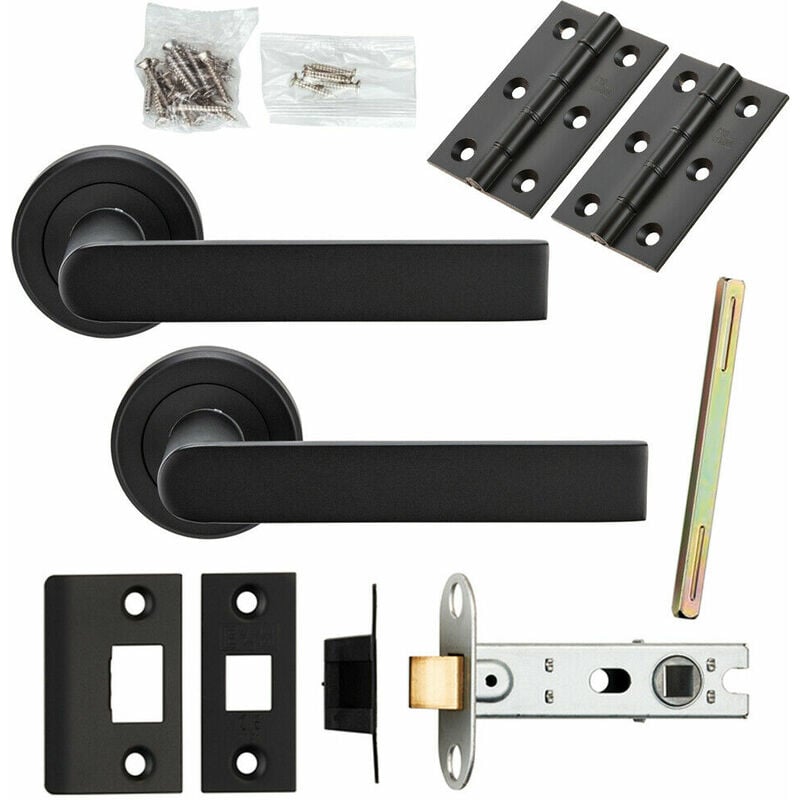 Loops - Door Handle & Latch Pack Matt Black Rectangular Lever Screwless Round Rose