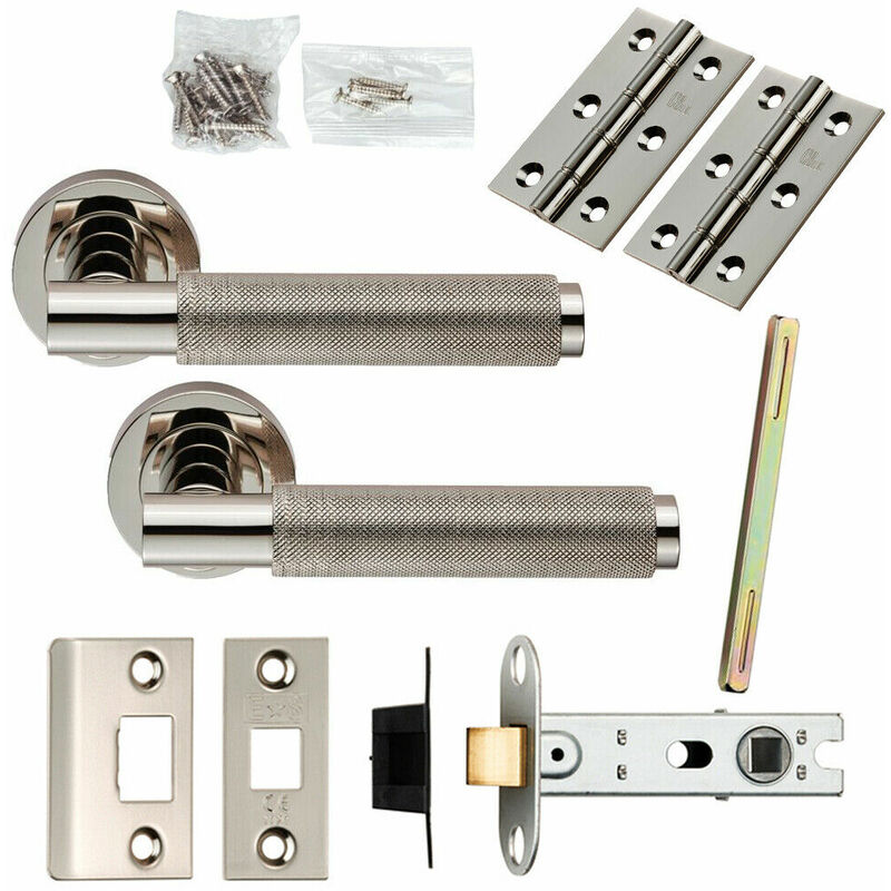 Door Handle & Latch Pack Polished Nickel Knurled Lever Screwless Round Rose