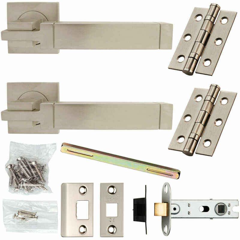 Door Handle & Latch Pack Satin Chrome Modern Cube Lever Screwless Square Rose