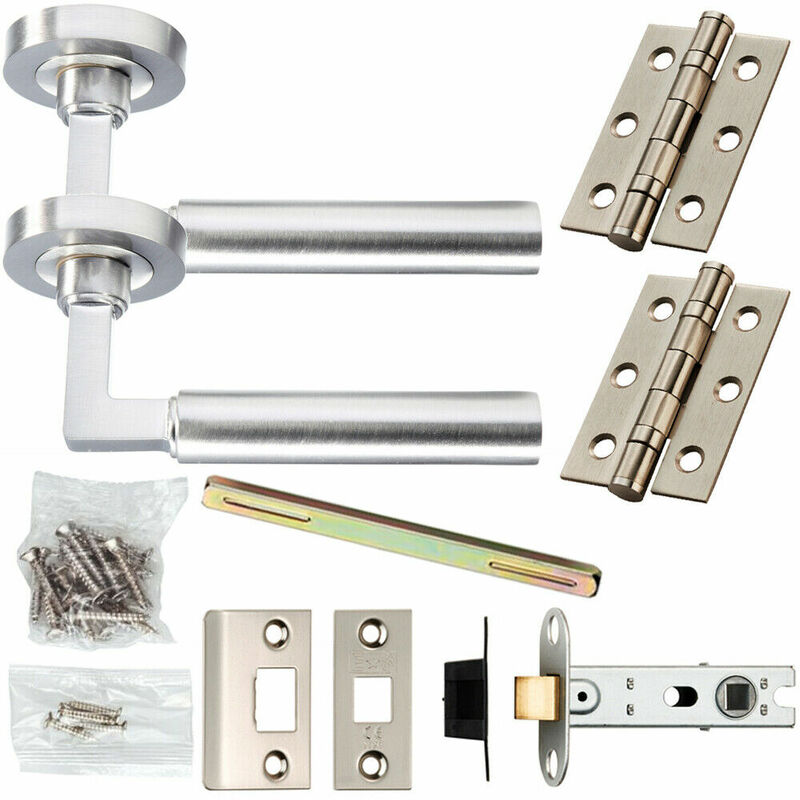 Door Handle & Latch Pack Satin Nickel Square & Straight Screwless Round Rose