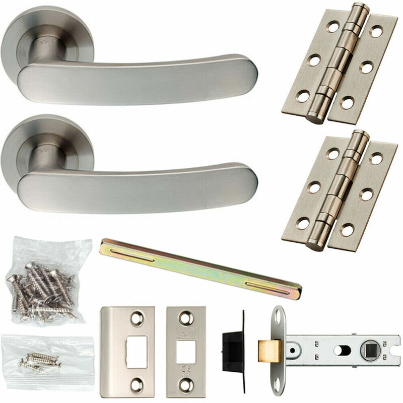 Door Handle & Latch Pack Satin Steel Flat Curved Lever Screwless Round Rose